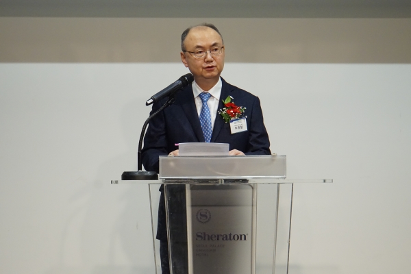 ▲우유철 한국로봇산업협회 신임 회장이 취임사를 하고 있다./한국로봇산업협회