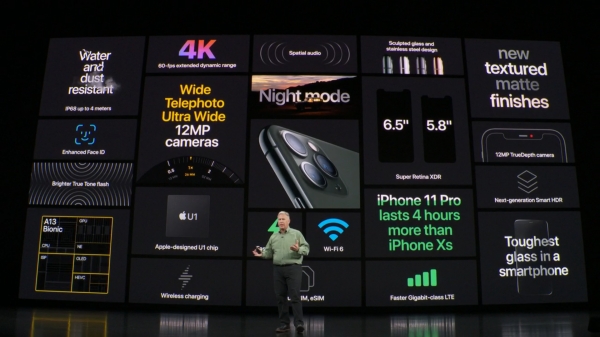 필 쉴러 애플 부사장이 아이폰11 시리즈에 대해 소개하는 모습. 슬라이드 가운데 U1 칩에 대한 소개가 간략하게 나와있다. 쉴러 부사장은 이 날 U1 칩에 대해 언급하지는 않았다. /사진=애플