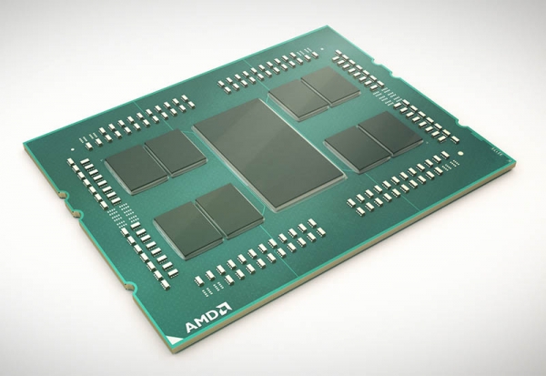 AMD의 서버용 프로세서 2세대 에픽(EPYC)은 가운데 I/O 다이와 4개의 컴퓨트 다이로 이뤄져있다. I/O 다이는 글로벌파운드리의 14나노 공정에서, 컴퓨트 다이는 TSMC의 7나노 공정에서 만들어진다./AMD