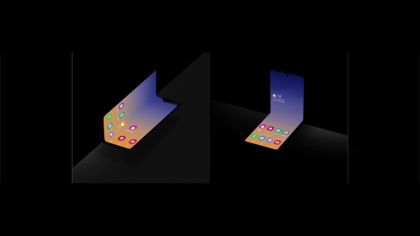 삼성전자는 지난달 미국서 열린 개발자 컨퍼런스(SDC)에서 아래위로 접히는 폴더블 스마트폰 컨셉트(오른쪽)를 공개했다. 왼쪽은 기존 '갤럭시폴드'와 같은 '북 오픈' 타입. /사진=삼성전자