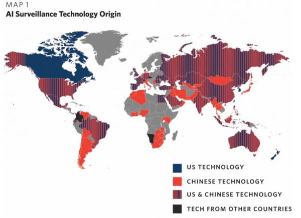 전세계 AI 보안 기술 출처 지도. 중국과 미국 AI 보안 기술이 가장 많이 활용되고 있다. /자료=카네기국제평화재단