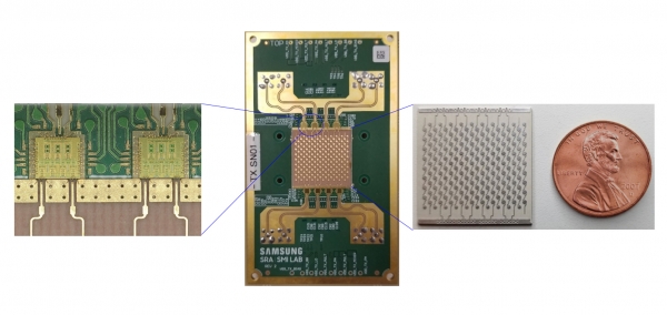 16 채널 140 GHz 모듈(가운데)과 이를 구성하는 이중 채널 140 GHz RFIC(사진 왼쪽)와 128개 안테나 소자. /사진=삼성전자