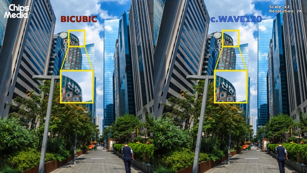 칩스앤미디어의 슈퍼레졸루션 기술이 적용되지 않았을 때(왼쪽)와 적용됐을 때(오른쪽)의 차이./칩스앤미디어