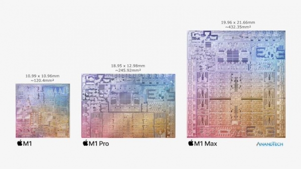 애플 M1(사진 왼쪽부터), M1 프로, M1 맥스. /사진=아난드텍