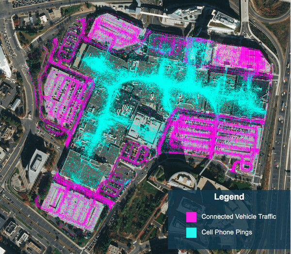 ▲KT SAT과 협력 관계를 맺은 오비탈인사이트 플랫폼을 활용해 미국 버지니아주 타이슨스 코너 센터의 부동산을 분석한 모습.