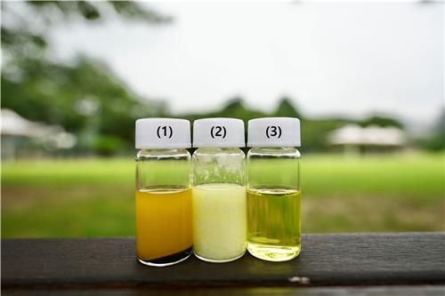 연구팀이 제조한 '에탄올 기반 페로브스카이트 전구체 용액' 모습(3번). 1번과 2번에 비교해 페로브스카이트가 잘 녹아 있다. 1번은 에탄올에 용해되지 않은 페로브스카이트, 2번은 기존 용매와 에탄올과의 혼합 용매에서도 용해되지 않은 페로브스카이트. /사진=울산과학기술원