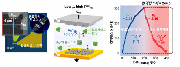 KIST 연구진이 개발한 인공 시냅스 소자 구조(왼쪽), 동작 원리 (가운데) 및 특성(오른쪽)./자료=KIST