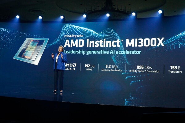 리사 수 AMD CEO가 MI300X를 공개하고 있다. /사진=AMD