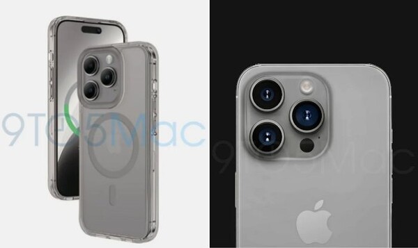 ▲아이폰15 프로의 새로운 컬러 ‘티탄 그레이’의 예상 렌더링 이미지(왼쪽은 투명 케이스를 입힌 모습)=출처 나인투파이브맥