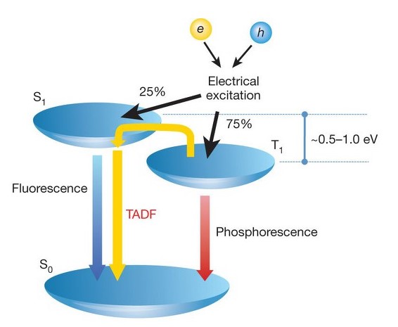 TADF 발광원리. 상단 왼쪽 반구(S1)와 오른쪽 반구(T1) 간의 에너지 격차를 1eV 이내로 줄이면 모든 여기자를 발광에 참여시킬 수 있다.