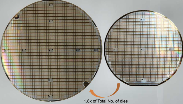 6인치 SiC 웨이퍼(오른쪽)와 8인치 웨이퍼. /사진=온세미