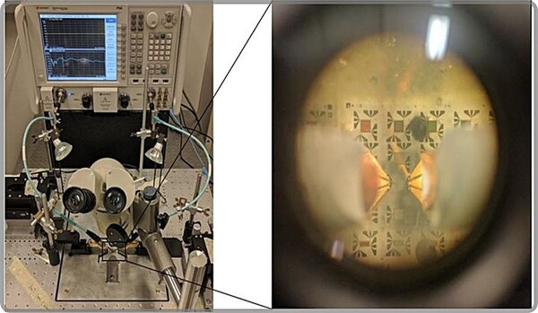 표준연이 마그논 미세구조 관측에 이용한 VNA 장비(왼쪽)와 마그논 소자. VNA 장비의 주파수 오프셋 기능을 이용해 마그논의 반사 및 투과 스펙트럼을 분석한 결과, 기존에는 관측하지 못했던 미세구조의 연쇄 발생 현상을 확인하는데 성공했다./사진=표준연구원