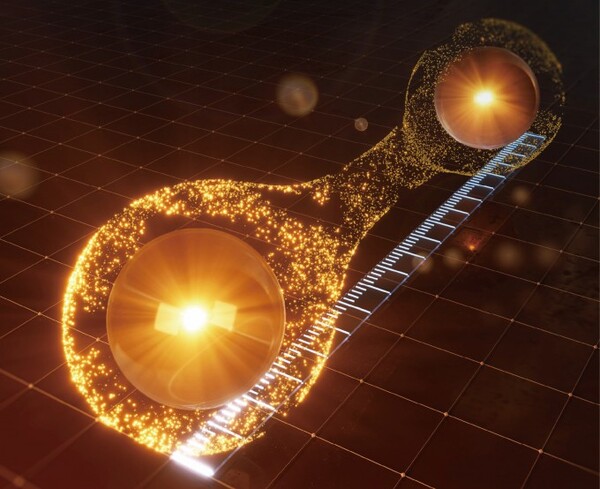 양자거리를 측정하는 모습을 그림으로 표현한 개념도. 노란색 공은 전자를 나타낸다. 양자거리는 그림에 나타난 것처럼 우리가 살고 있는 세상의 거리와는 다르게 두 전자 사이의 양자역학적 유사성을 의미한다. /자료=김근수 연세대 교수