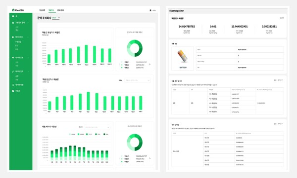 ▲쿤텍 PlanESG의 제품탄소관리 홈 화면 및 보고서 예시 이미지.